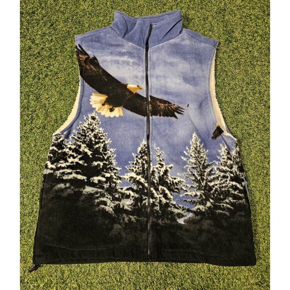 Trail Crest Vest Mens Small Blue Bald Eagle Trees Fleece Sherpa Lined Nature - Picture 1 of 6
